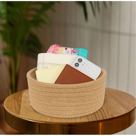 Cotton 8x3 Inch Round 1 Pcs Bedside Organizer With Out Lid (Beige) - POPNOVA