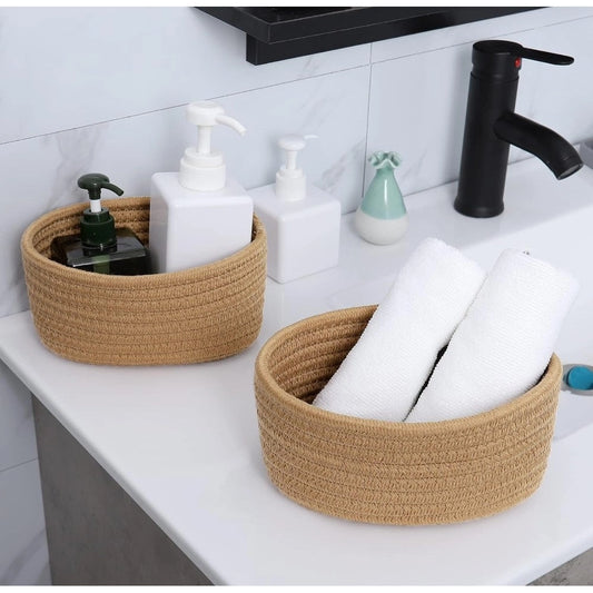 Cotton 8x3 Inch Round 2 Set Bedside Organizer With Out Lid (Beige) - POPNOVA