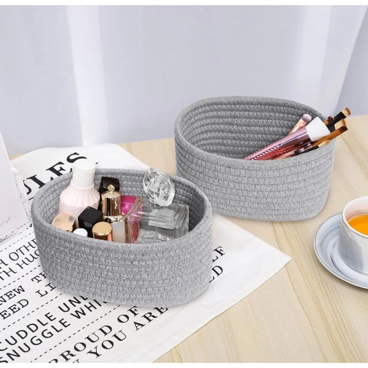 Cotton 8x3 Inch Round 2 Set Bedside Organizer With Out Lid (Gray) - POPNOVA