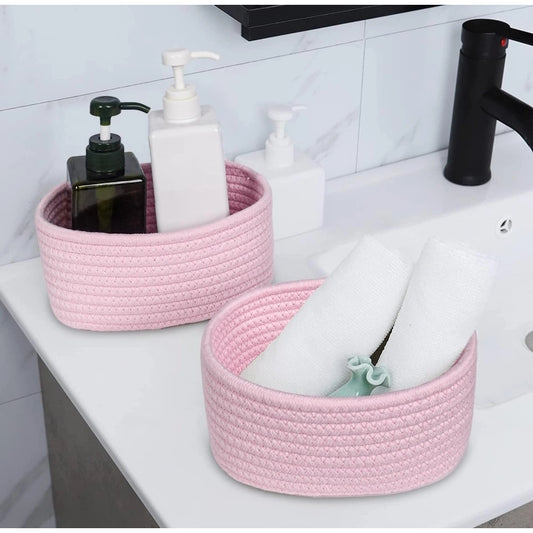 Cotton 8x3 Inch Round 2 Set Bedside Organizer With Out Lid (Pink) - POPNOVA