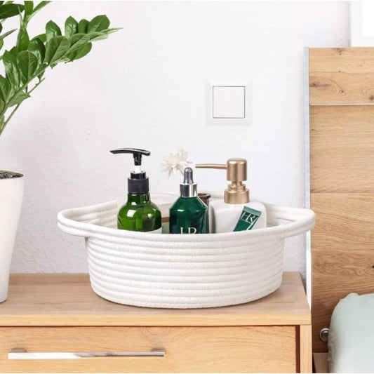 Cotton 8x3 Inch Round Bedside Organizer With Out Lid (White) - POPNOVA