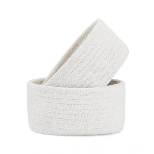 Cotton 8x3 Inch Round 2 Set Bedside Organizer With Out Lid (White) - POPNOVA