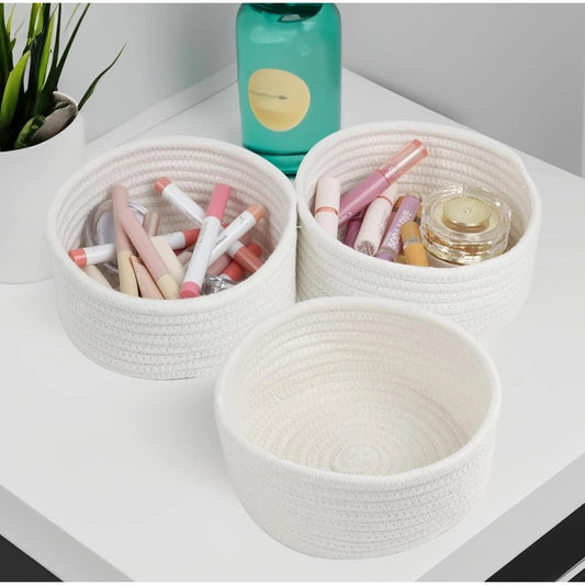Cotton 8x3 Inch Round 3 Set Bedside Organizer With Out Lid (White) - POPNOVA