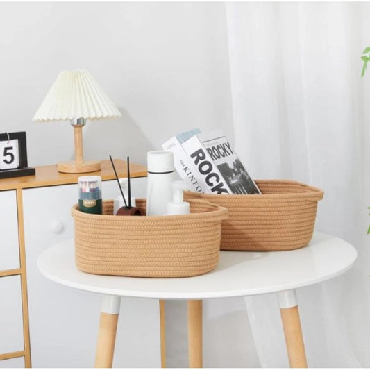 Cotton 2 Pcs 10x7x4 Inch Oval Storage Basket For Clothes (Beige) - POPNOVA