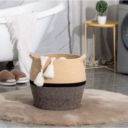 Cotton Matka 14x12 Inch Storage Basket For Clothes With Out Lid (Beige-Black) - POPNOVA