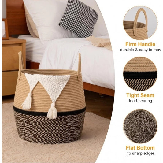 Cotton Matka With Handle 14x12 Inch Storage Basket For Clothes With Out Lid (Beige-Black) - POPNOVA