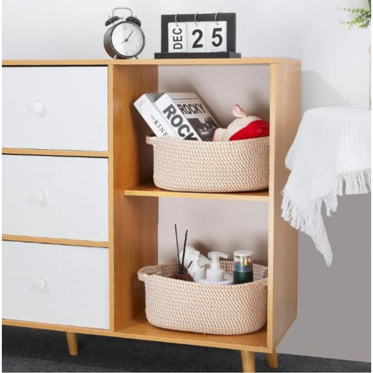 Cotton 2 Pcs 10x7x4 Inch Oval Storage Basket For Clothes (Beige) - POPNOVA