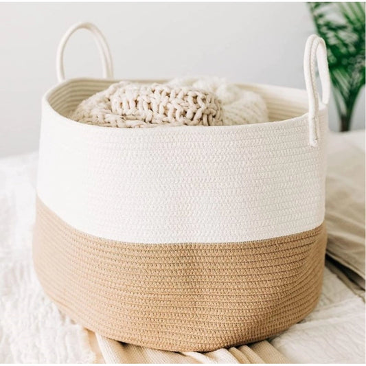 Cotton Pack Of 1 12x14 Inch Laundry Storage Basket For Clothes (Beige-White) - POPNOVA