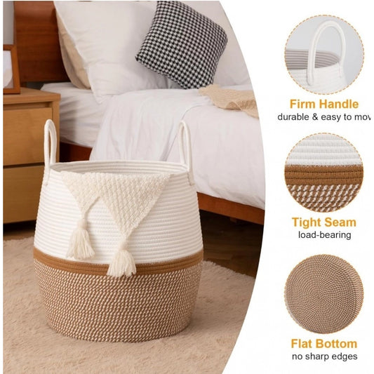 Cotton Matka With Handle 14x12 Inch Storage Basket For Clothes With Out Lid (Beige-White) - POPNOVA