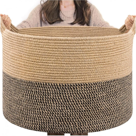 Cotton Pack Of 1 16x14 Inch Storage Basket For Clothes With Out Lid (Beige-Beige-Black) - POPNOVA