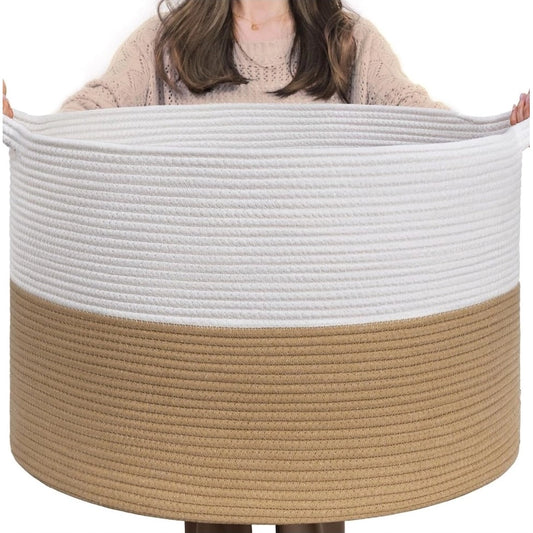 Cotton Pack Of 1 16x14 Inch Storage Basket For Clothes With Out Lid (Beige-White) - POPNOVA