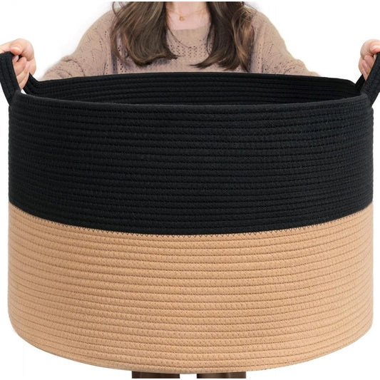 Cotton Pack Of 1 16x14 Inch Storage Basket For Clothes With Out Lid (Black-Beige) - POPNOVA