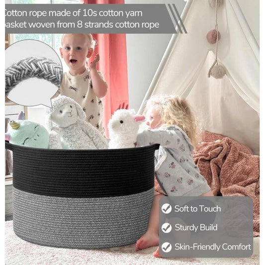 Cotton Pack Of 1 16x14 Inch Storage Basket For Clothes With Out Lid (Black-Black-Kidi) - POPNOVA