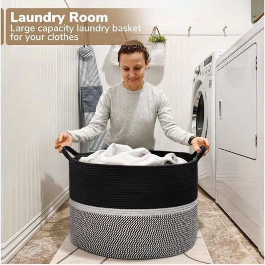 Cotton Dori 16x14 Inch Storage Basket For Clothes With Out Lid (Black-Black-White) - POPNOVA