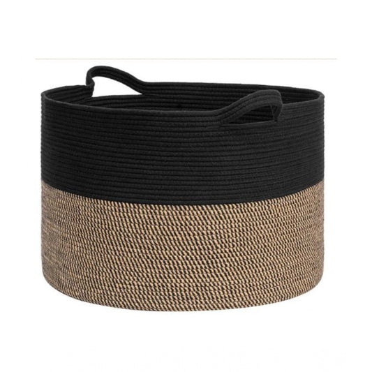 Cotton Pack Of 1 16x14 Inch Storage Basket For Clothes With Out Lid (Black-Beige-Black) - POPNOVA