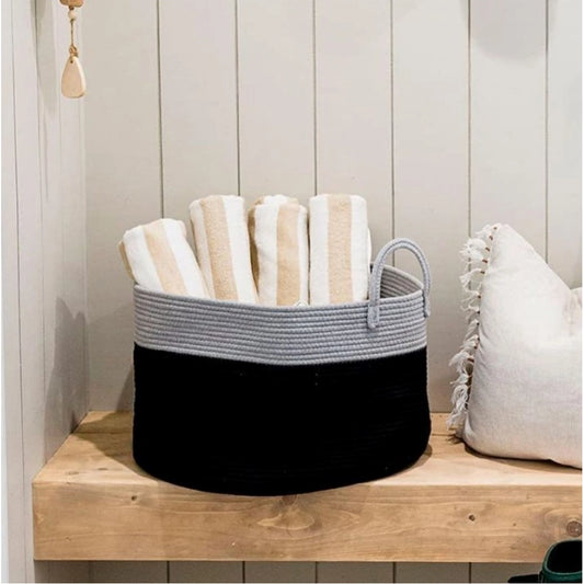 Cotton Pack Of 1 14x12 Inch Laundry Storage Basket For Clothes (Grey-Black) - POPNOVA