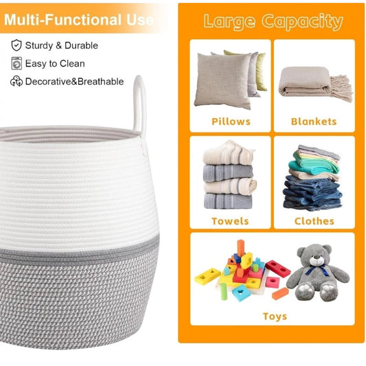 Cotton Matka With Handle 14x12 Inch Storage Basket For Clothes With Out Lid (Gray-White) - POPNOVA