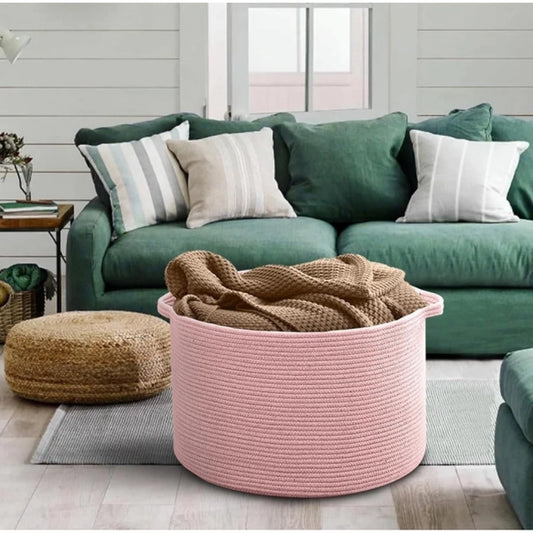 Cotton Pack Of 1 14x12 Inch Storage Basket For Clothes With Out Lid (Pink) - POPNOVA
