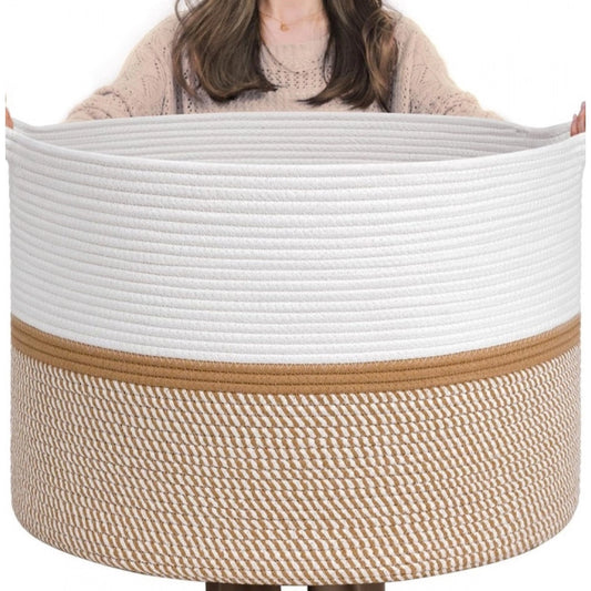 Generic Cotton Dori 16x14 Inch Storage Basket For Clothes With Out Lid (White-Beige-White)
