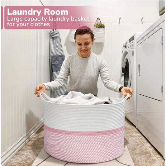 Cotton Dori 16x14 Inch Storage Basket For Clothes With Out Lid (White-Pink-White) - POPNOVA