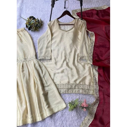 Women's Silk Embroidered 3/4th Sleeve V-Neck Kurti With Sharara Pant and Dupatta Set (Cream & Brown) - POPNOVA