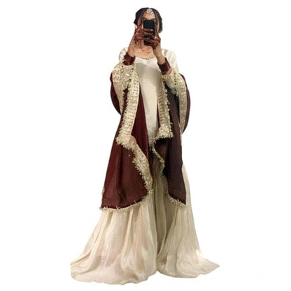 Women's Silk Embroidered 3/4th Sleeve V-Neck Kurti With Sharara Pant and Dupatta Set (Cream & Brown) - POPNOVA