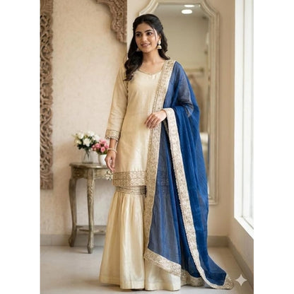 Women's Silk Embroidered 3/4th Sleeve V-Neck Kurti With Sharara Pant and Dupatta Set (Cream & Blue) - POPNOVA
