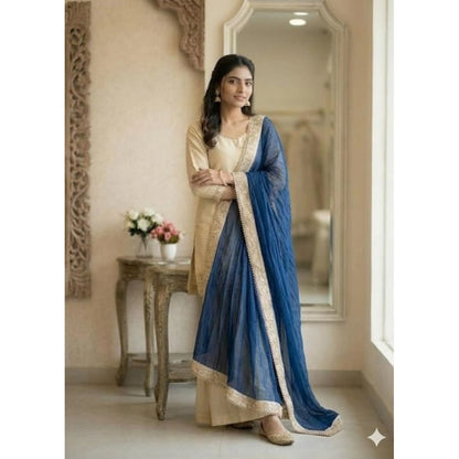 Women's Silk Embroidered 3/4th Sleeve V-Neck Kurti With Sharara Pant and Dupatta Set (Cream & Blue) - POPNOVA