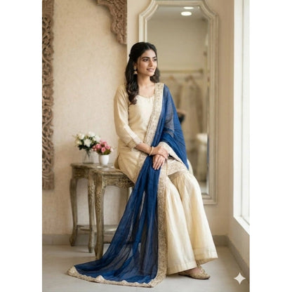 Women's Silk Embroidered 3/4th Sleeve V-Neck Kurti With Sharara Pant and Dupatta Set (Cream & Blue) - POPNOVA