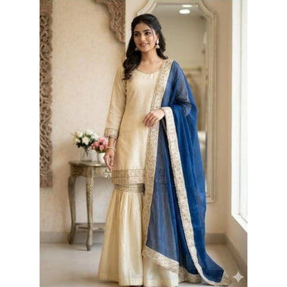 Women's Silk Embroidered 3/4th Sleeve V-Neck Kurti With Sharara Pant and Dupatta Set (Cream & Blue) - POPNOVA