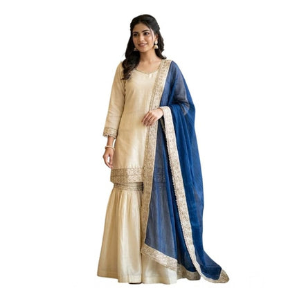Women's Silk Embroidered 3/4th Sleeve V-Neck Kurti With Sharara Pant and Dupatta Set (Cream & Blue) - POPNOVA