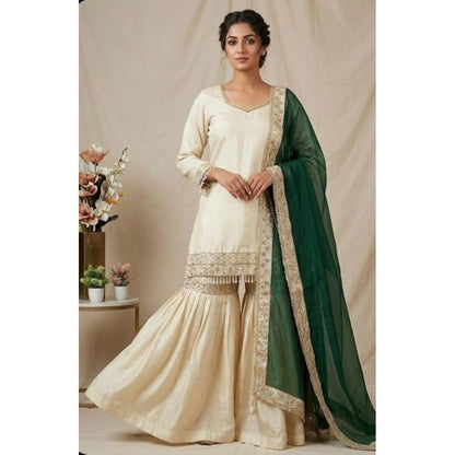 Women's Silk Embroidered 3/4th Sleeve V-Neck Kurti With Sharara Pant and Dupatta Set (Cream & Bottle Green) - POPNOVA