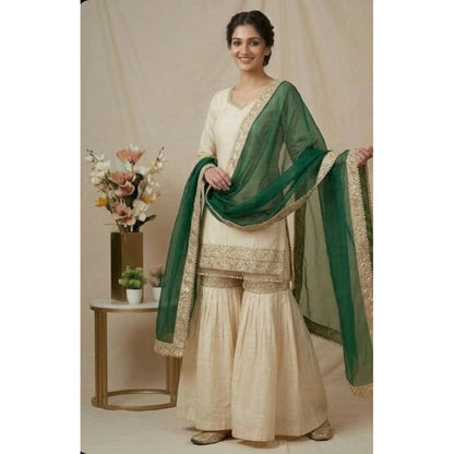 Women's Silk Embroidered 3/4th Sleeve V-Neck Kurti With Sharara Pant and Dupatta Set (Cream & Bottle Green) - POPNOVA