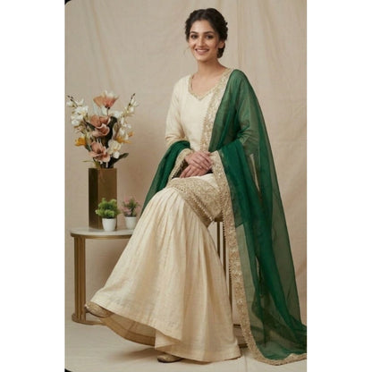 Women's Silk Embroidered 3/4th Sleeve V-Neck Kurti With Sharara Pant and Dupatta Set (Cream & Bottle Green) - POPNOVA