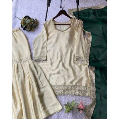 Women's Silk Embroidered 3/4th Sleeve V-Neck Kurti With Sharara Pant and Dupatta Set (Cream & Bottle Green) - POPNOVA