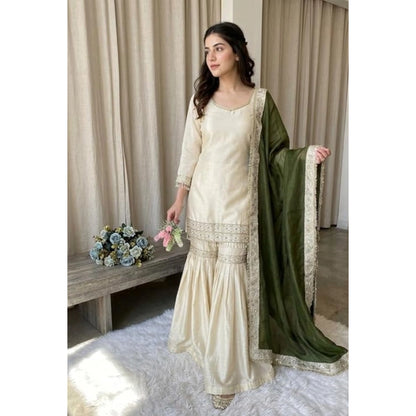 Women's Silk Embroidered 3/4th Sleeve V-Neck Kurti With Sharara Pant and Dupatta Set (Cream & Green) - POPNOVA