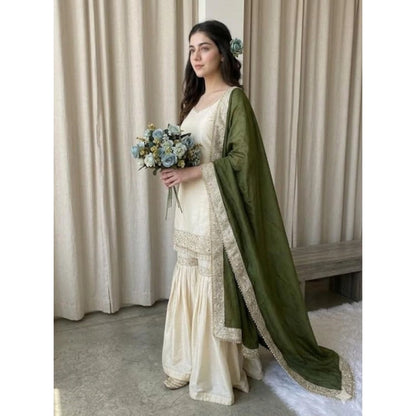 Women's Silk Embroidered 3/4th Sleeve V-Neck Kurti With Sharara Pant and Dupatta Set (Cream & Green) - POPNOVA