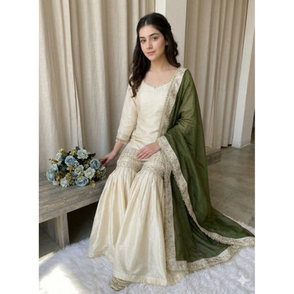 Women's Silk Embroidered 3/4th Sleeve V-Neck Kurti With Sharara Pant and Dupatta Set (Cream & Green) - POPNOVA