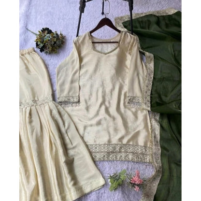 Women's Silk Embroidered 3/4th Sleeve V-Neck Kurti With Sharara Pant and Dupatta Set (Cream & Green) - POPNOVA