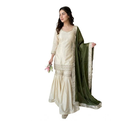Women's Silk Embroidered 3/4th Sleeve V-Neck Kurti With Sharara Pant and Dupatta Set (Cream & Green) - POPNOVA