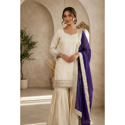 Women's Silk Embroidered 3/4th Sleeve V-Neck Kurti With Sharara Pant and Dupatta Set (Cream & Purple) - POPNOVA