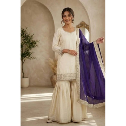 Women's Silk Embroidered 3/4th Sleeve V-Neck Kurti With Sharara Pant and Dupatta Set (Cream & Purple) - POPNOVA