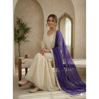 Women's Silk Embroidered 3/4th Sleeve V-Neck Kurti With Sharara Pant and Dupatta Set (Cream & Purple) - POPNOVA