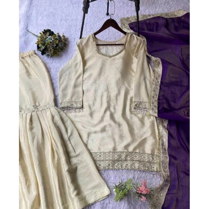 Women's Silk Embroidered 3/4th Sleeve V-Neck Kurti With Sharara Pant and Dupatta Set (Cream & Purple) - POPNOVA