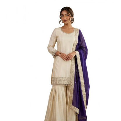 Women's Silk Embroidered 3/4th Sleeve V-Neck Kurti With Sharara Pant and Dupatta Set (Cream & Purple) - POPNOVA