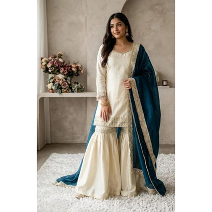 Women's Silk Embroidered 3/4th Sleeve V-Neck Kurti With Sharara Pant and Dupatta Set (Cream & Teal) - POPNOVA