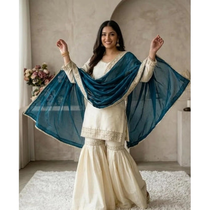 Women's Silk Embroidered 3/4th Sleeve V-Neck Kurti With Sharara Pant and Dupatta Set (Cream & Teal) - POPNOVA
