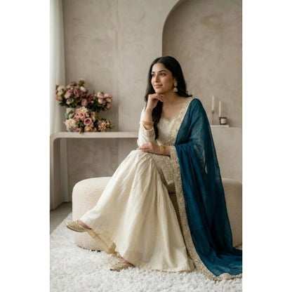 Women's Silk Embroidered 3/4th Sleeve V-Neck Kurti With Sharara Pant and Dupatta Set (Cream & Teal) - POPNOVA