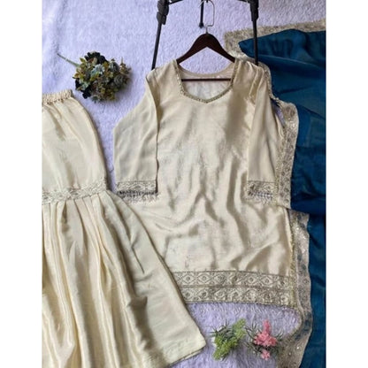 Women's Silk Embroidered 3/4th Sleeve V-Neck Kurti With Sharara Pant and Dupatta Set (Cream & Teal) - POPNOVA