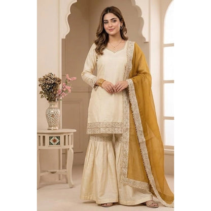 Women's Silk Embroidered 3/4th Sleeve V-Neck Kurti With Sharara Pant and Dupatta Set (Cream & Yellow) - POPNOVA